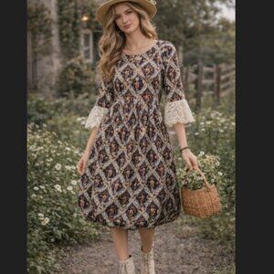 Dainty Jewells Midi Dress M Boho Cottagecore Puff Hem Lace Sleeve‎ Modest Chic